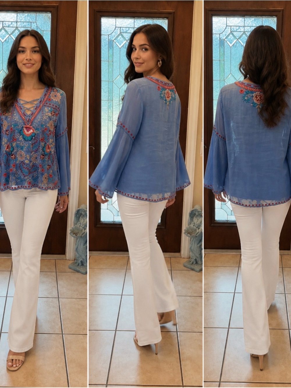 Johnny Was Oman Laceup Swing Blouse Embroidered Blue v neck small Top